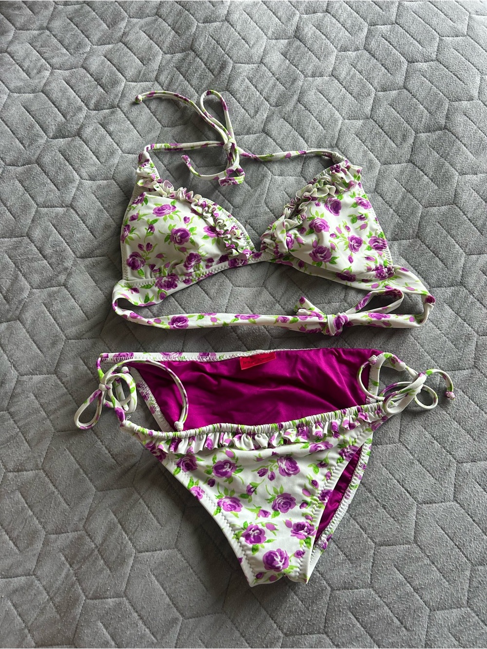 Betsy Johnson Floral Tie-Side Bikini Set in White & Purple